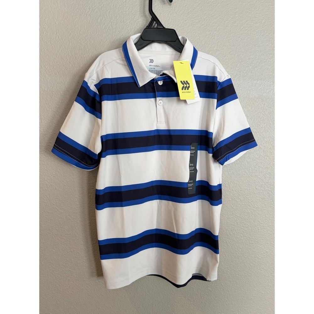 All in Motion Boys Textured Golf Polo Shirt Blue Striped Size L 10-12 NWT